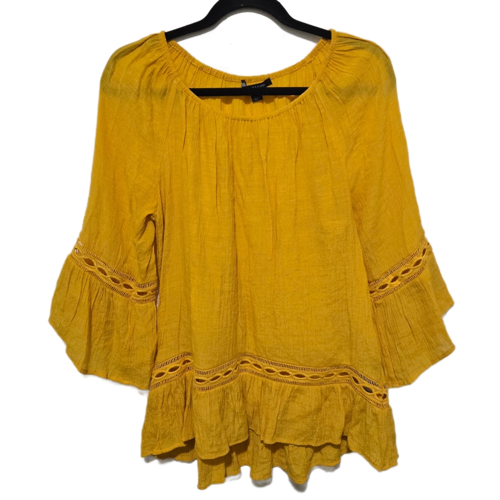 ​Zac & Rachel Mustard Yellow Boho Bell Sleeve Blouse Crochet Lace Trim Medium